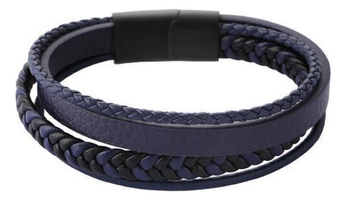 Bracelete Aço 20cm Couro Azul Tira Trançada Azul E Preto