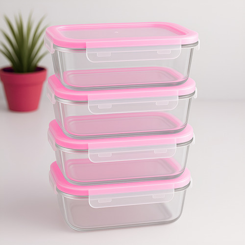 Kit Jogo 4 Potes Vidro Alimentos Microondas Freezer Comida
