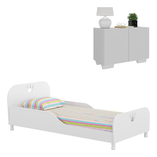 Cama 100% Mdf C/ Colchão/mesa Cabeceira Multimóveis Mp4186 Cor Branco