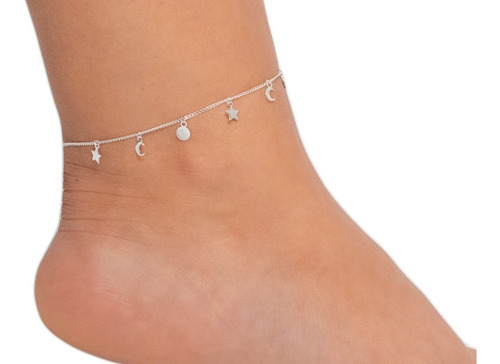 Nueva Pulsera Tobillera Plata Ley 925 T139 Lunas Estrellas