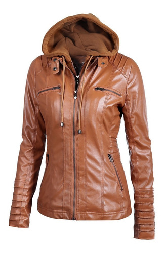 jaqueta de couro sintetico com capuz feminina