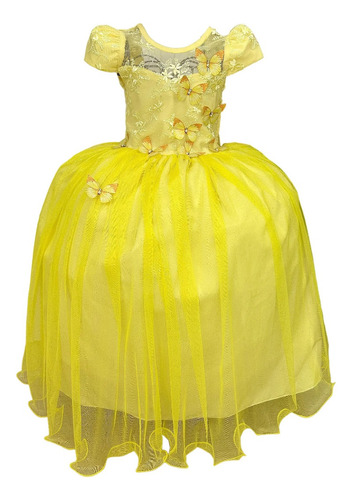 Vestido Jardim Encantado Borboleta Longo Amarelo Luxo Menina