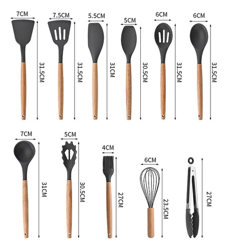 20 Piezas Set De Cuchillos Utensilios De Cocina De Silicona, Incluyendo Cuchillos, Espátulas Antiadherentes Y Cucharas De Sopa Con Base De Madera Negra Color