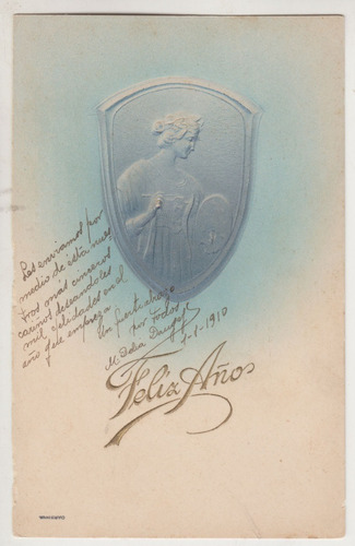 1910 Postal De Año Nuevo Con Gofrado Vintage Cursada Sello