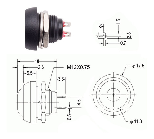 Imagen 5 de 8 de Pulsador Normal Abierto 17.5mm Diam 12mm 1a 250v Negro X 10