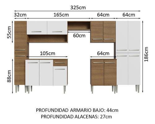 Cocina Integral Completa Modular Madesa Emilly 325cm Color Marrón con Blanco
