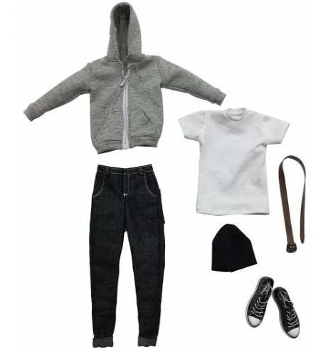 Studio One 1/6 Male Clothes Gray Hoodie T-shirt Jeans Belt C