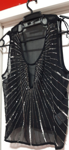 Blusa Remera Fiesta Negra Transparente Con Brillos S/mangas