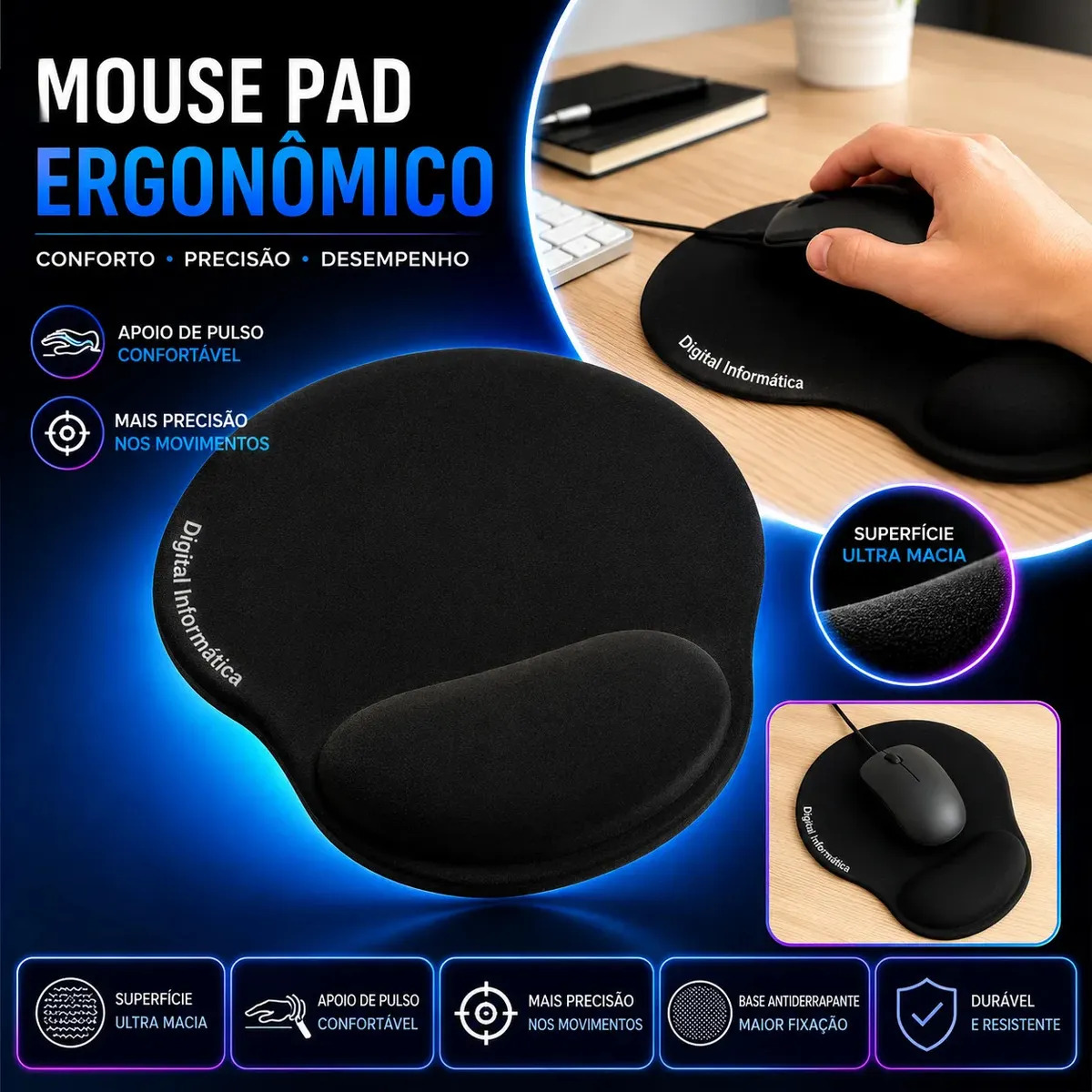 Mouse Pad com Apoio Ergonômico em Gel para Punho Antiderrapante Confortável para Escritório Gamer Estudo Trabalho Cor Preto Digital Informatica