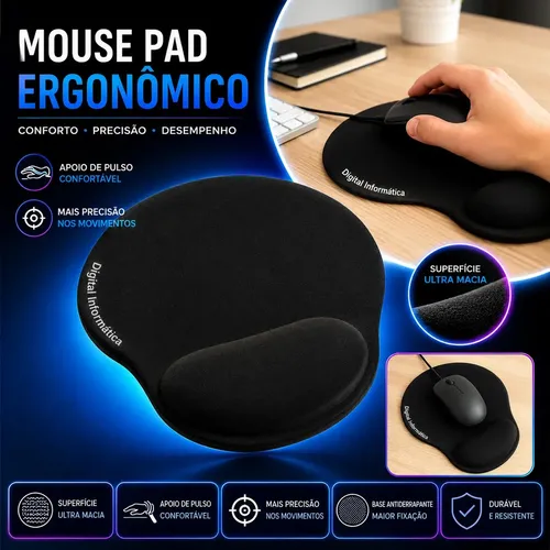 Mouse Pad com Apoio Ergonômico em Gel para Punho Antiderrapante Confortável para Escritório Gamer Estudo Trabalho Cor Preto Digital Informatica