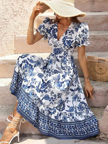 Vestido Largo De Mujer Con Estampado Floral En Cuello En V