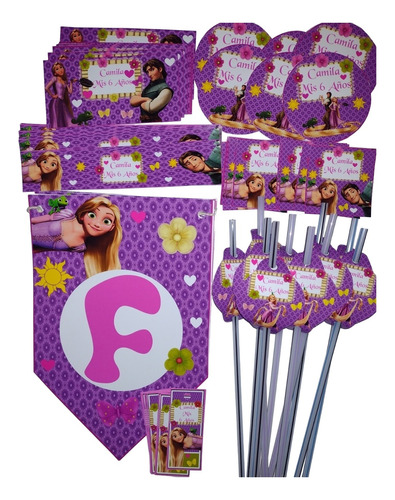 Combo Cotillón 15 Bolsitas Stickers Banderín Rapunzel