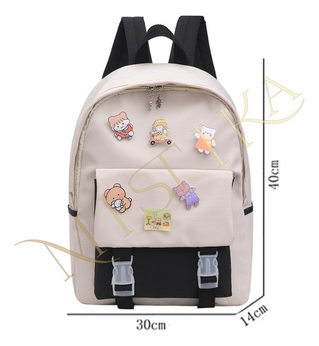 Mochila Escolar Importada Pines Dibujito Combinada Bolsillos Negro
