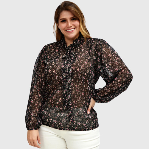 Blusa De Chiffon Con Manga Larga, Modelo 4200 (negro Floread