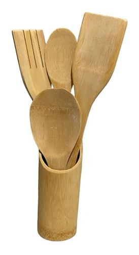 Set De 4 Utensilios De Cocina De Madera Con Soporte 