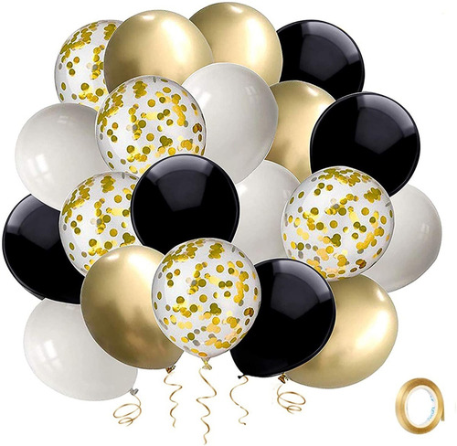 20 Globos Latex Negros Dorados 30cm Decoración Cumpleaños