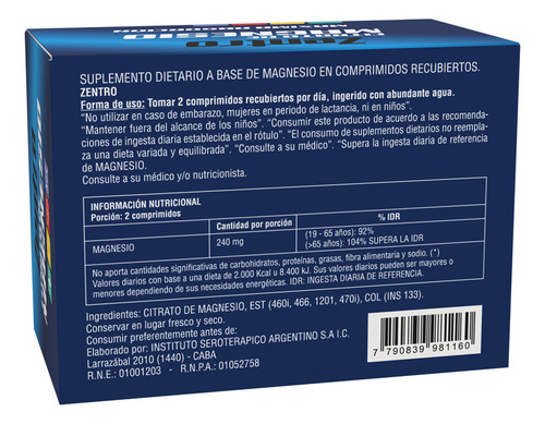 Zentro Citrato De Magnesio Isa - 60 Comprimidos En Caja Sin Sabor