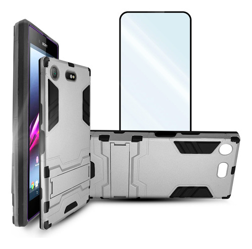 Funda Iron Para Xperia Xz Carcasa Antishock Con Mica Plateado