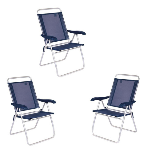 Jogo Com 3 Cadeiras De Praia Reclinável Boreal C/ Porta Copo Cor Azul-escuro