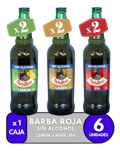Cerveza Barba Roja Sin Alcohol Ipa + Lager + Lemon. Pack X 6