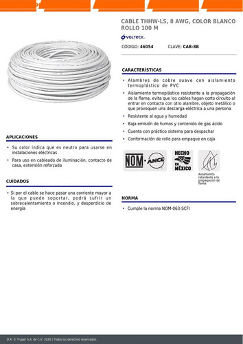 Imagen 4 de 5 de Cable Calibre 8 Thhw-ls Blanco Voltech 46054