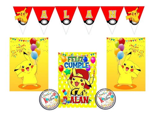 Banderín Pikachu Con Nombre Y Carteles Deco Feliz Cumple 