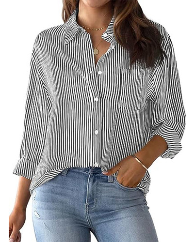 Camisa De Manga Larga Informal Holgada Con Top A Rayas Mujer