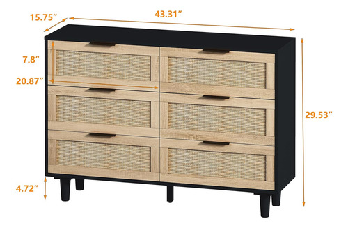 Cómoda De Ratán De 43 Pulgadas Para Dormitorio, 6 Cajones, C