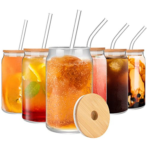 Juego De 6 Tazas De Vidrio Tapas De Bambú Y Pajita De ...