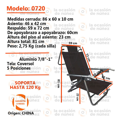 Reposera Sillon 5 Posiciones Aluminio Silla Baja Playa