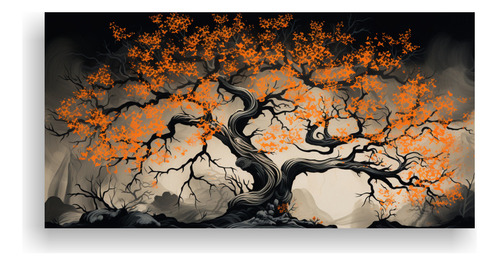 80x40cm Lienzo Acuarela Árbol De Roble En Colores Naranja Y