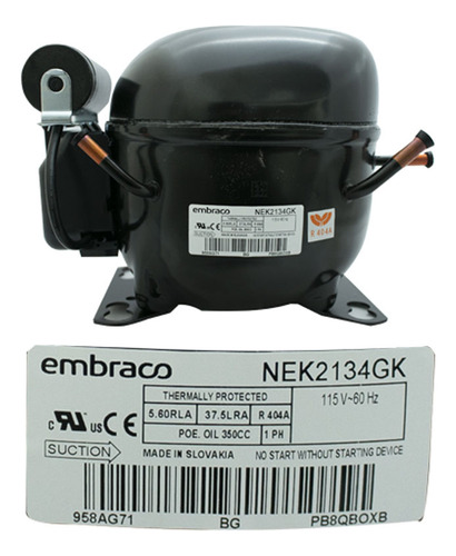 Compresor Embraco 1/2 Hp 404a 110v Bajo Consumo Nek2134gk