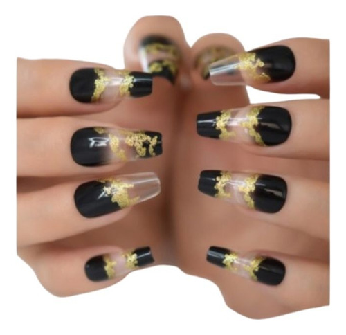 Unhas Postiças Preto E Dourado Designer Para As Mãos Unha Postiça