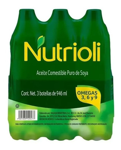 Aceite Puro De Soya Nutrioli 3 Botellas De 946 Ml C/u