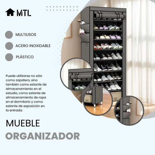 Zapatero Organizador Mtl Portatil Plegable 9 Estantes Color Gris Multiuso