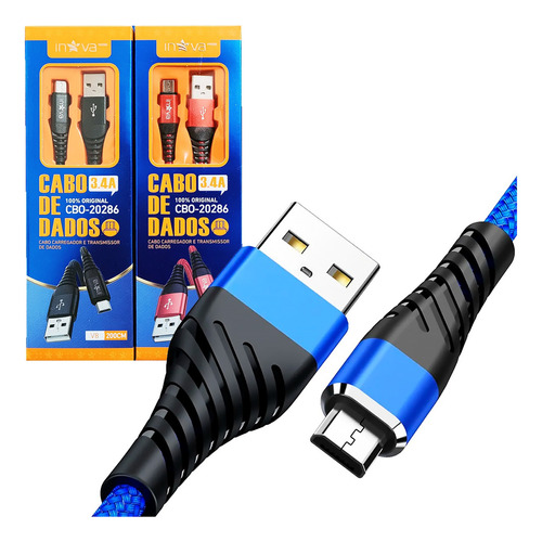 Kit 2 Cabos Carregador Rápido Celular Micro-usb V8 2 Metros Cor Coloridos