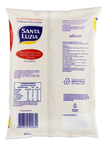 Farinha de Trigo Tipo 1 com Fermento Santa Luzia Pacote 1kg
