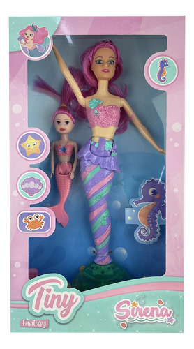 Juguete Muñeca Sirena 35cm Luz Con Mini Sirenita 16cm Tiny