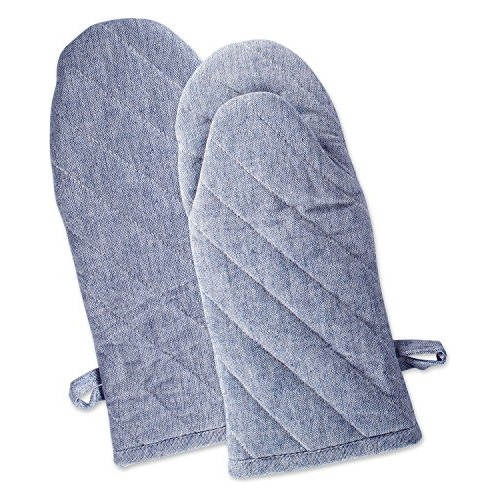 100% Cotton Solid Chambray Kitchen Set, Oven Mitts, Blu...