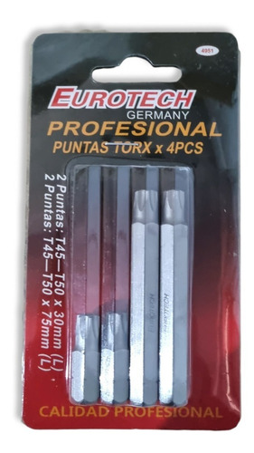 Juego Puntas Torx 4 Piezas T45 T50 Cortas Largas Eurotech