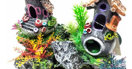 Imagem 5 de 5 de Enfeite Aquário Toca Casinha Dupla Com Rocha E Plantas