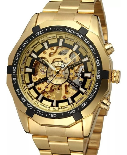 Reloj Forsining Automatic Skeleton Gold de acero inoxidable con cuerda de lujo mecánica de lujo para hombre con caja lista