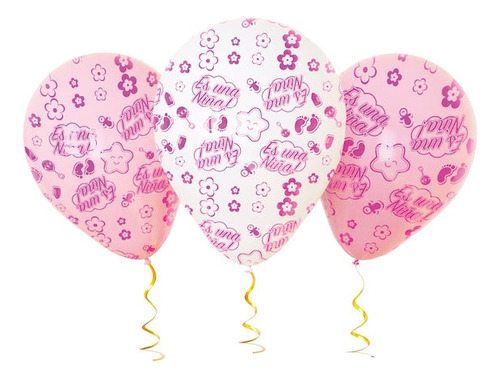 Globo R12 Baby Shower Niña Rosado Blanco 25 Unidades