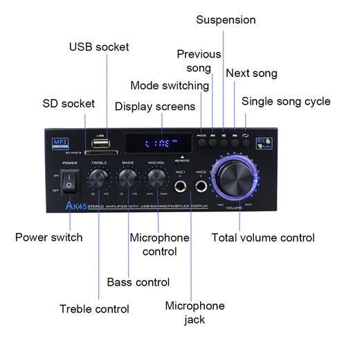 Amplificador De Sonido Ak45 De 12 Voltios, Altavoz De Sonido