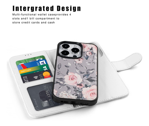 Funda Para iPhone 15 Pro Max Cartera Desmontable Gris Floral