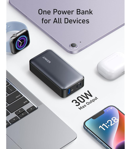 Power Bank Anker Cargador portátil Power IQ 3.0 con Salida máxima PD de 30 W PowerCore 30 W batería de 10,000 mAh para iPhone 17 Series MacBook DELL Microsoft Surface iPad Pro y Más Negro