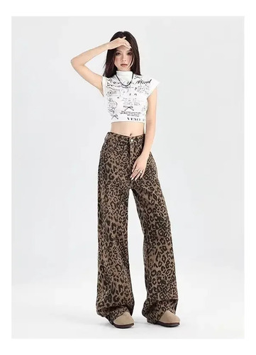 Jeans Anchos De Cintura Alta Con Estampado De Leopardo Para