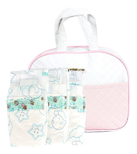 Bolsa Enxoval Meninas Rosa E Branco Boneca Reborn 03 Fraldas Cor Branco e Rosa Desenho do tecido Desenhado