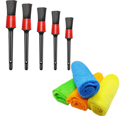 Kit 5 Brochas Detailing +4 Microfibras 30x30 Limpieza Lavado