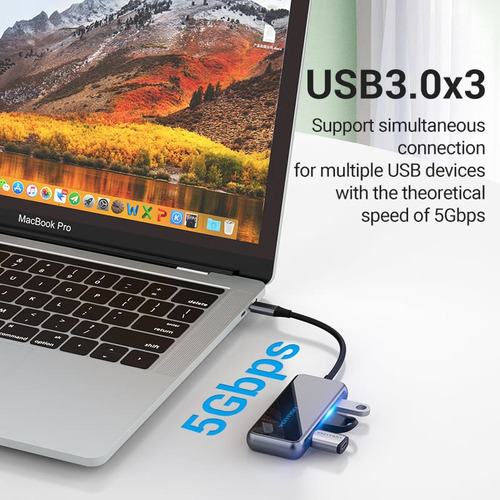 Hub Usb Multipuerto Vention - 5 En 1 - Usb C A Hdmi + 3 Puertos Usb 3.0 + Power Delivery Usb C 87w - 4k 60hz - Carcasa Aluminio - 15 Cm - Premium Para Teclado / Disco Rigido / Mac / Laptop - Tfbhb